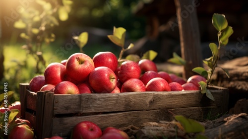 Ripe red organic apples in a grassy garden under an apple tree In an old wooden crate With copyspace for text