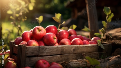 Ripe red organic apples in a grassy garden under an apple tree In an old wooden crate With copyspace for text