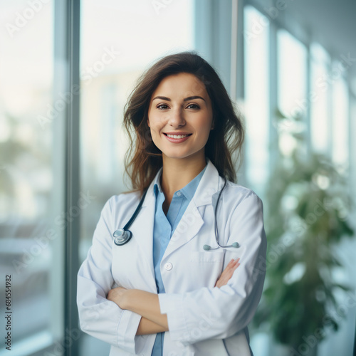 Free Download Beautiful smiling female doctor standing in white coat in hospital - GFXLoad