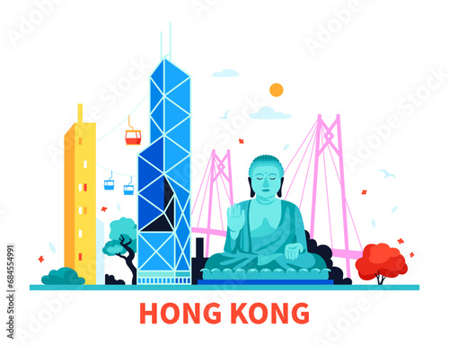 Landmarks of Hong Kong - modern colored vector illustration