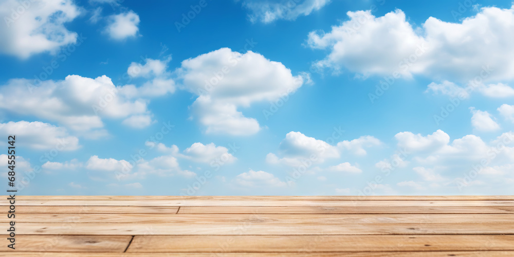 Wood table mockup with blue cloudy sky background. Empty copy space for product presentation. Generative AI Wood table mockup with blue cloudy sky background. Empty copy space for product presentation. Generative AI