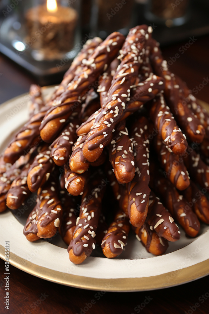 Sweet & Salty Delight: Chocolate-Dipped Pretzel Rods Arranged on a Plate