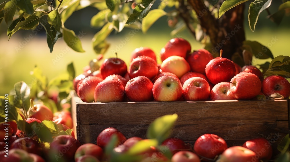 Ripe red organic apples in a grassy garden under an apple tree In an old wooden crate With copyspace for text Ripe red organic apples in a grassy garden under an apple tree In an old wooden crate With copyspace for text