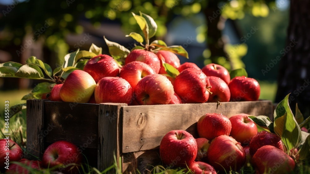 Ripe red organic apples in a grassy garden under an apple tree In an old wooden crate With copyspace for text Ripe red organic apples in a grassy garden under an apple tree In an old wooden crate With copyspace for text