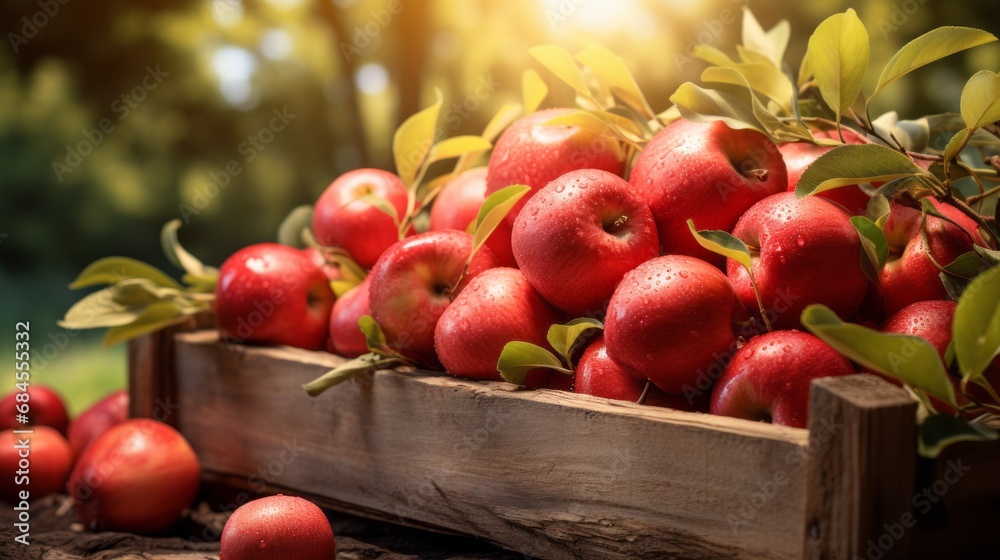 Ripe red organic apples in a grassy garden under an apple tree In an old wooden crate With copyspace for text Ripe red organic apples in a grassy garden under an apple tree In an old wooden crate With copyspace for text