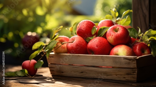 Ripe red organic apples in a grassy garden under an apple tree In an old wooden crate With copyspace for text