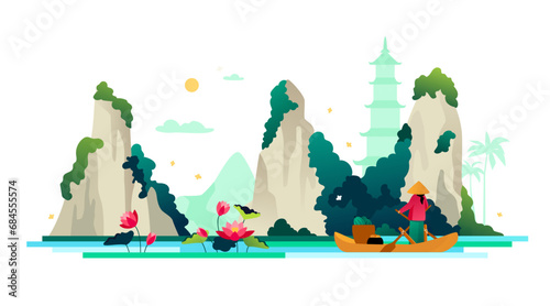 Mountains and lakes of Hanoi - modern colored vector illustration photo