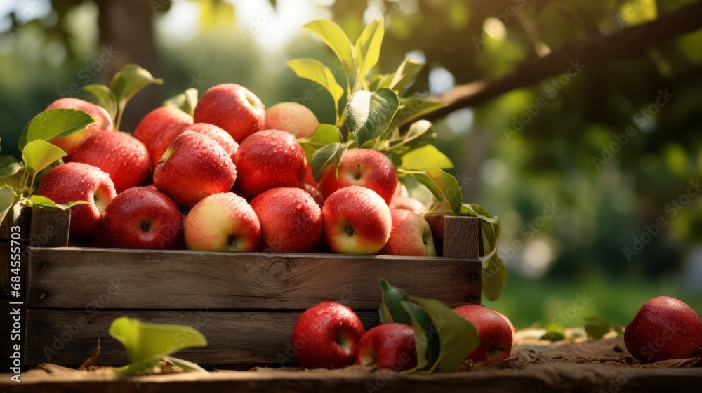 Ripe red organic apples in a grassy garden under an apple tree In an old wooden crate With copyspace for text Ripe red organic apples in a grassy garden under an apple tree In an old wooden crate With copyspace for text