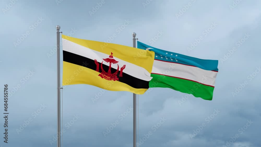 Republic of Uzbekistan and Brunei flag waving together on cloudy sky, endless seamless loop, two country cooperation concept Republic of Uzbekistan and Brunei flag waving together on cloudy sky, endless seamless loop, two country cooperation concept