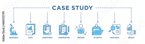 Case study banner web icon vector illustration concept with icon of research, data, conditions, examination, method, in-depth, analyzing, and result