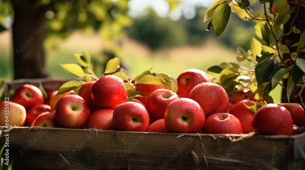 Ripe red organic apples in a grassy garden under an apple tree In an old wooden crate With copyspace for text Ripe red organic apples in a grassy garden under an apple tree In an old wooden crate With copyspace for text
