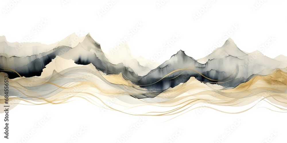 Obraz premium Abstract geometric drawing painting ink sketch golden brown mountains hills rocks on white background. Adventure explore