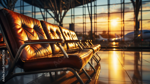 Empty chairs in the departure hall at airport with golden sunset rays. Travel, transportation concept. Generative AI photo