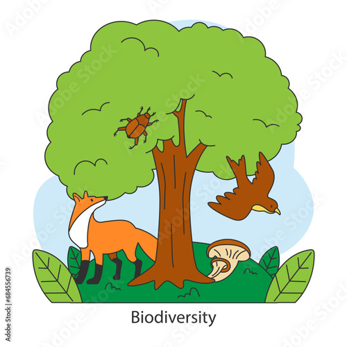 Biodiversity. Fox, bird, beetle, and mushroom under a lush tree. Interconnected nature, fragile ecosystem. Wildlife and environment, flora and fauna. Animal habitat saving. Flat vector illustration