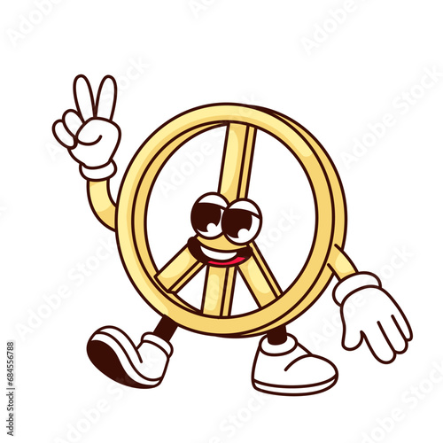 Groovy peace sign character vector illustration. Cartoon isolated retro hippie sticker with good symbol of peace, love and hippy vibes, funny mascot with victory gesture and happy face, arms and legs