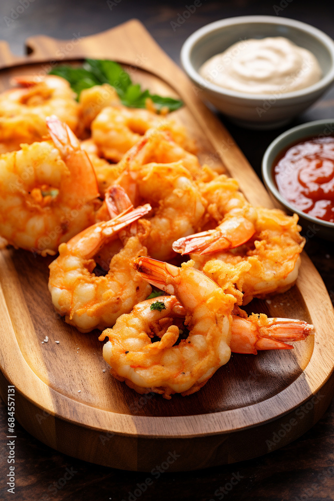 Crispy Delicacy: Tempura Shrimp Served on a Platter with Dipping Sauce Crispy Delicacy: Tempura Shrimp Served on a Platter with Dipping Sauce
