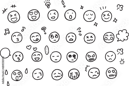 A set of simple illustrations depicting various emotions and facial expressions. (B&W icons)