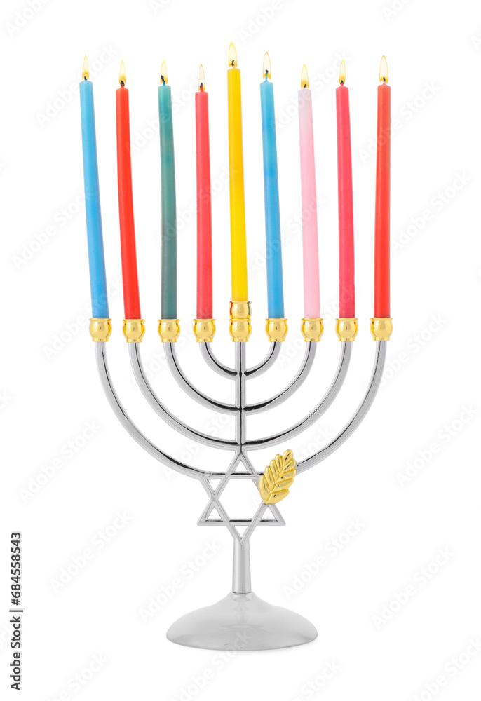Menorah with burning candles isolated on white. Hanukkah symbol Menorah with burning candles isolated on white. Hanukkah symbol
