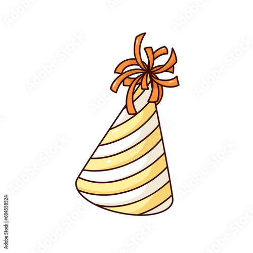 Christmas or birthday cone hat vector illustration. Cartoon isolated retro sticker of festive hat with striped pattern and ribbons and photo booth props, cap accessory for fun carnival celebration