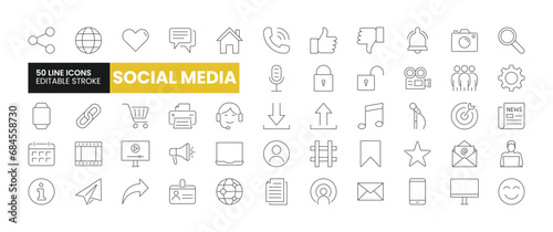 Set of 50 Social Media and Web line icons set. Social Media outline icons with editable stroke collection. Includes Call, Save, Like, Avatar, Microphone, and More.
