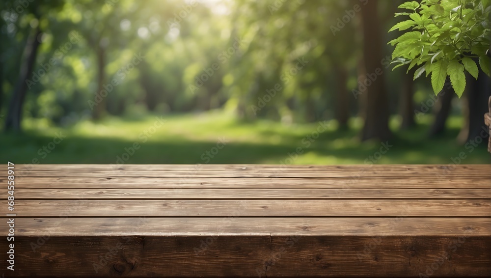 Empty old wooden table with green nature background Empty old wooden table with green nature background