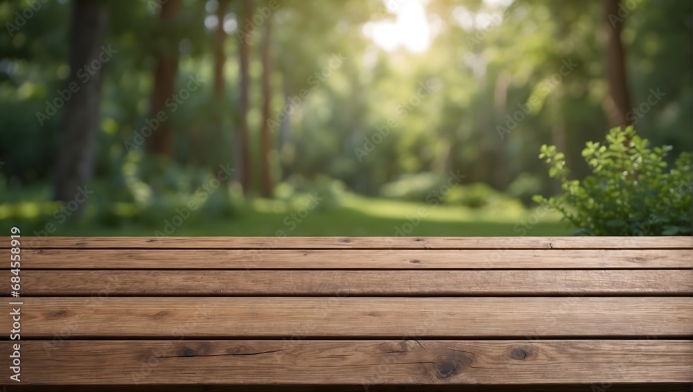 Empty old wooden table with green nature background Empty old wooden table with green nature background