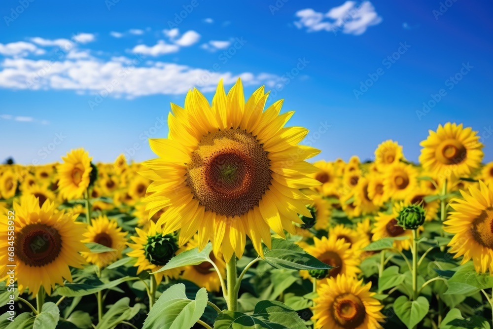 Ukrainian Summer: Stunning View of Sunflower Farming in a Field of Sunflowers Beneath a Blue Sky without Clouds