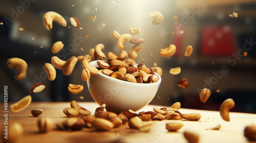 Nut mix almonds and cashews in a bowl flying through the air. photo