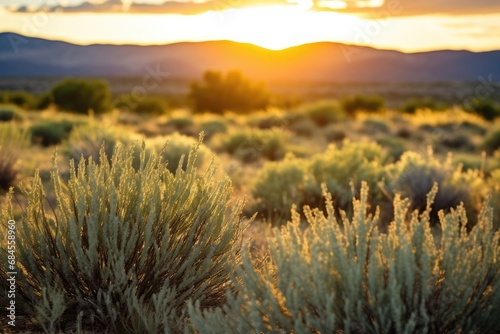 Southwest Beauty - View of Desert Sage Plants at Sunset in Ranchos de Taos Valley with Mountain Landscape and Vibrant Colours photo
