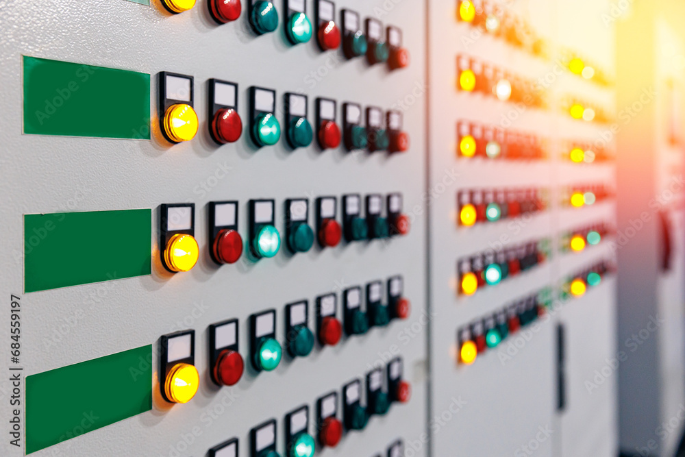 Fototapeta premium Closeup control panel with light lamp of switchboard equipment high voltage of power plant
