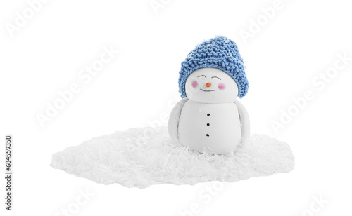 Cute decorative snowman and artificial snow isolated on white
