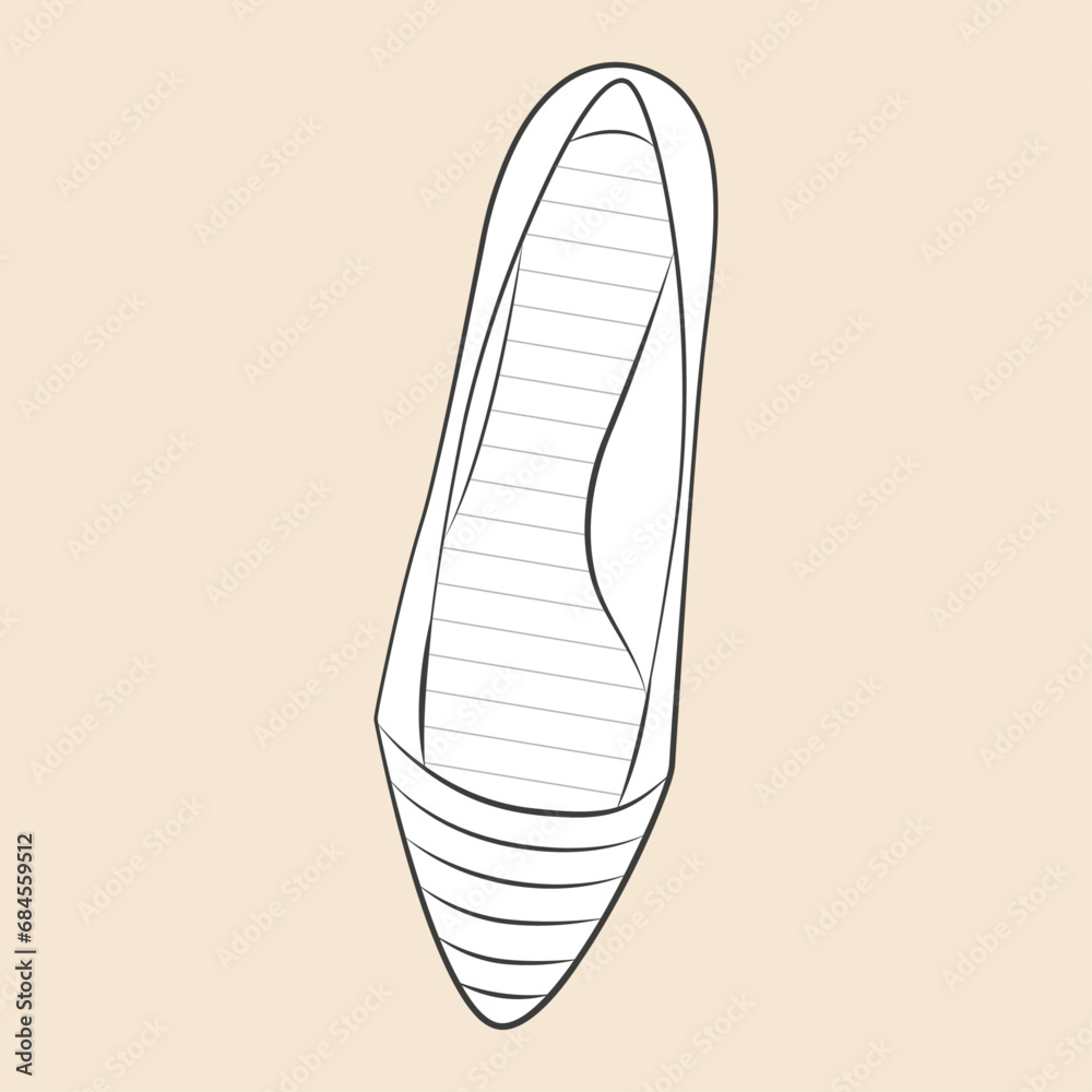 Coloriage de chaussure style mocassin à bout pointu, semelle plate vue de dessus, vecteur en noir et blanc, illustration de mode féminine, motif à rayures