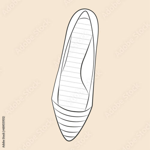 Coloriage de chaussure style mocassin à bout pointu, semelle plate vue de dessus, vecteur en noir et blanc, illustration de mode féminine, motif à rayures