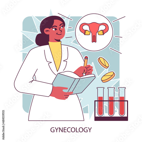 Gynecology, Women's health. Gynecologist study uterus. Human anatomy, ovary and womb. Pregnancy monitoring and disease treatment. Reproductive wellness. Flat vector illustration.
