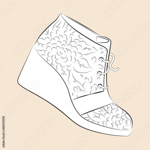 Chaussure type wedge, talon compensé, illustration à colorier pour les accros de la mode, bottine avec un motif floral et des lacets, vecteur modifiable en noir et blanc