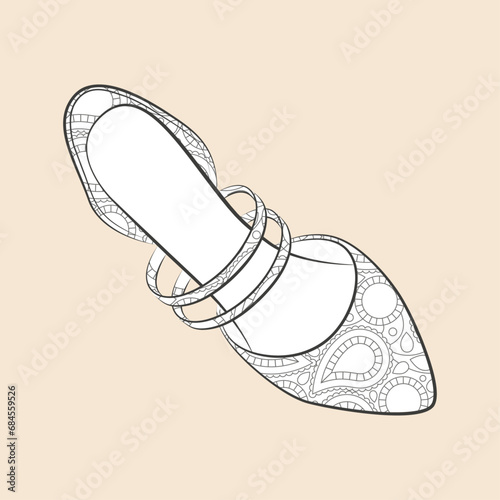 Illustration d'une chaussure à bout pointu, escarpin à bride avec un motif paisley à colorier,  vecteur en noir et blanc pour activité de dessin de mode, style raffiné et élégant