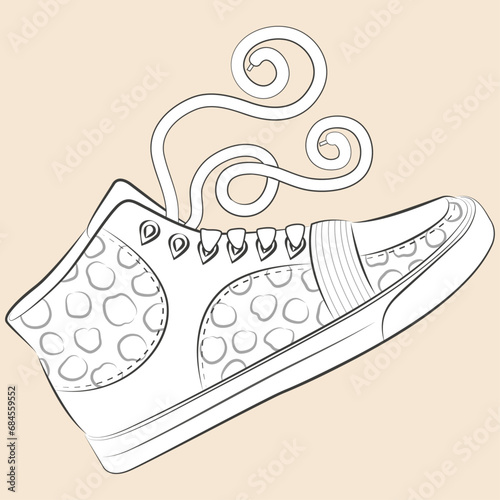 Illustration de mode urbaine, coloriage de chaussure de sport motif léopard, sneakers montante à la cheville avec des lacets, dessin au trait fin en noir et blanc photo