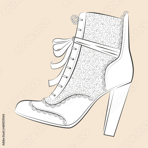 Illustration d'une bottine à talons hauts style vintage, chaussure élégante avec un motif floral à colorier, accessoire de mode pour femme, chic et rétro