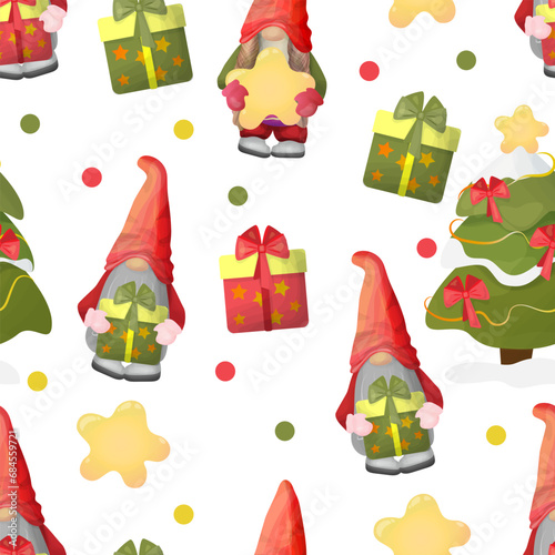 Holiday pattern with Christmas trees and gnomes. Seamless vector background for wrapping paper, fabric, clothing, textiles, surface textures, scrapbooking.