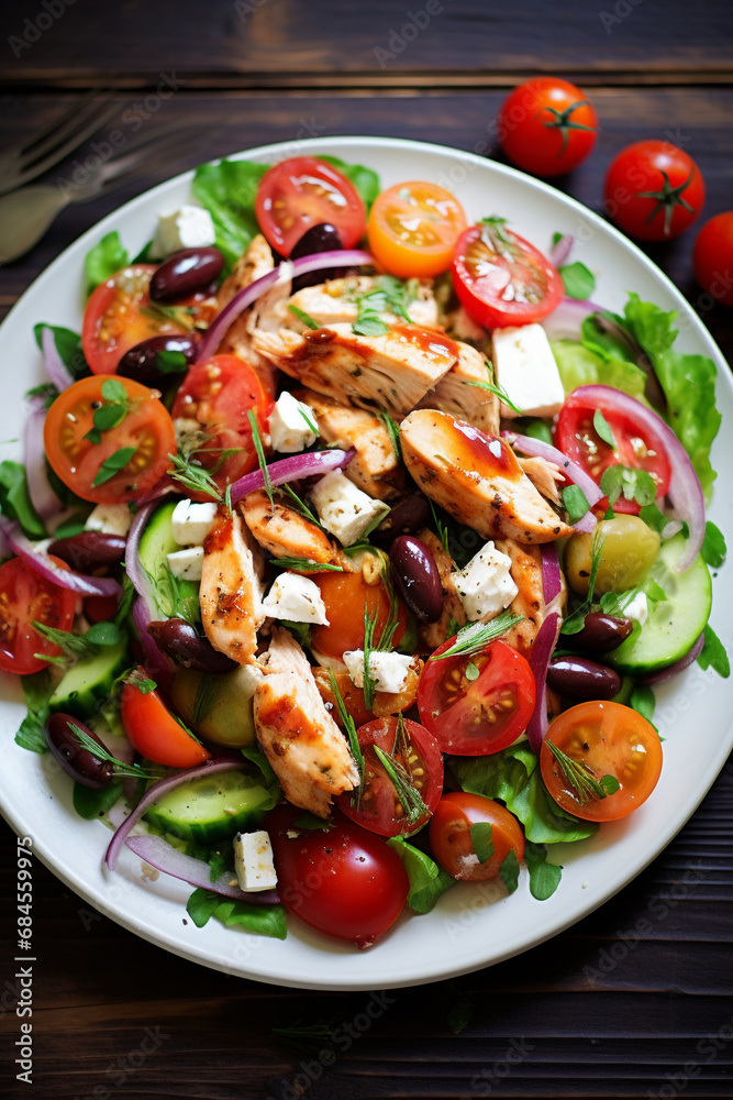 Wholesome Combination: Chicken, Feta Cheese, and Fresh Vegetable Salad—a Nourishing Lunch Option