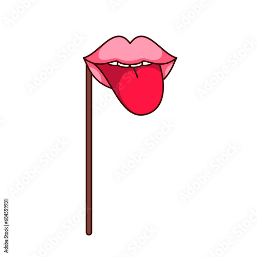 Pink lips with red tongue, mask on stick vector illustration. Cartoon isolated retro sticker and funny photo booth props, paper female lips for Christmas party, birthday or wedding masquerade