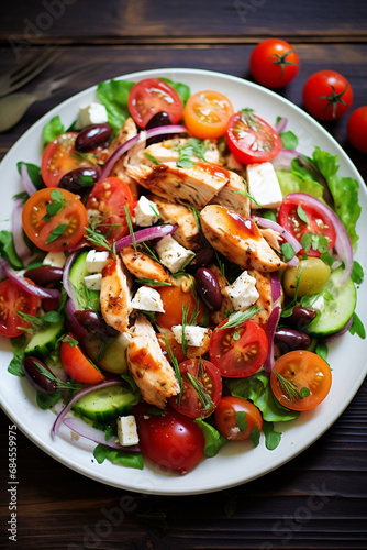 Wholesome Combination: Chicken, Feta Cheese, and Fresh Vegetable Salad—a Nourishing Lunch Option