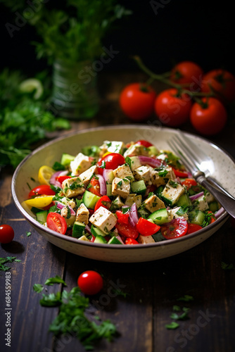 Wholesome Combination  Chicken  Feta Cheese  and Fresh Vegetable Salad   a Nourishing Lunch Option
