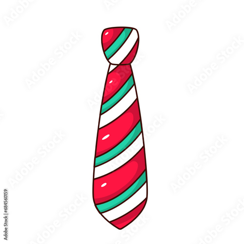 Christmas necktie vector illustration. Cartoon isolated funny photo booth props, retro Xmas sticker of cute fashion accessory, tie for male neck with green, red and white stripes and Christmas texture