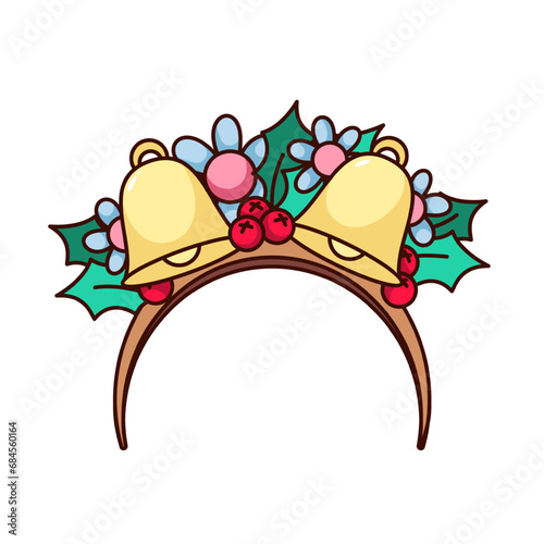 Christmas headband vector illustration. Cartoon isolated retro sticker of golden bells and mistletoe berry, flowers and leaf decoration on band for girls head on Christmas party, photo booth props