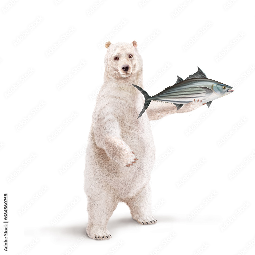 illustration d'un ours polaire qui tiens un  poisson           bonite à ventre rayé  dans sa main avec un e écharpe  - obrazy, fototapety, plakaty 