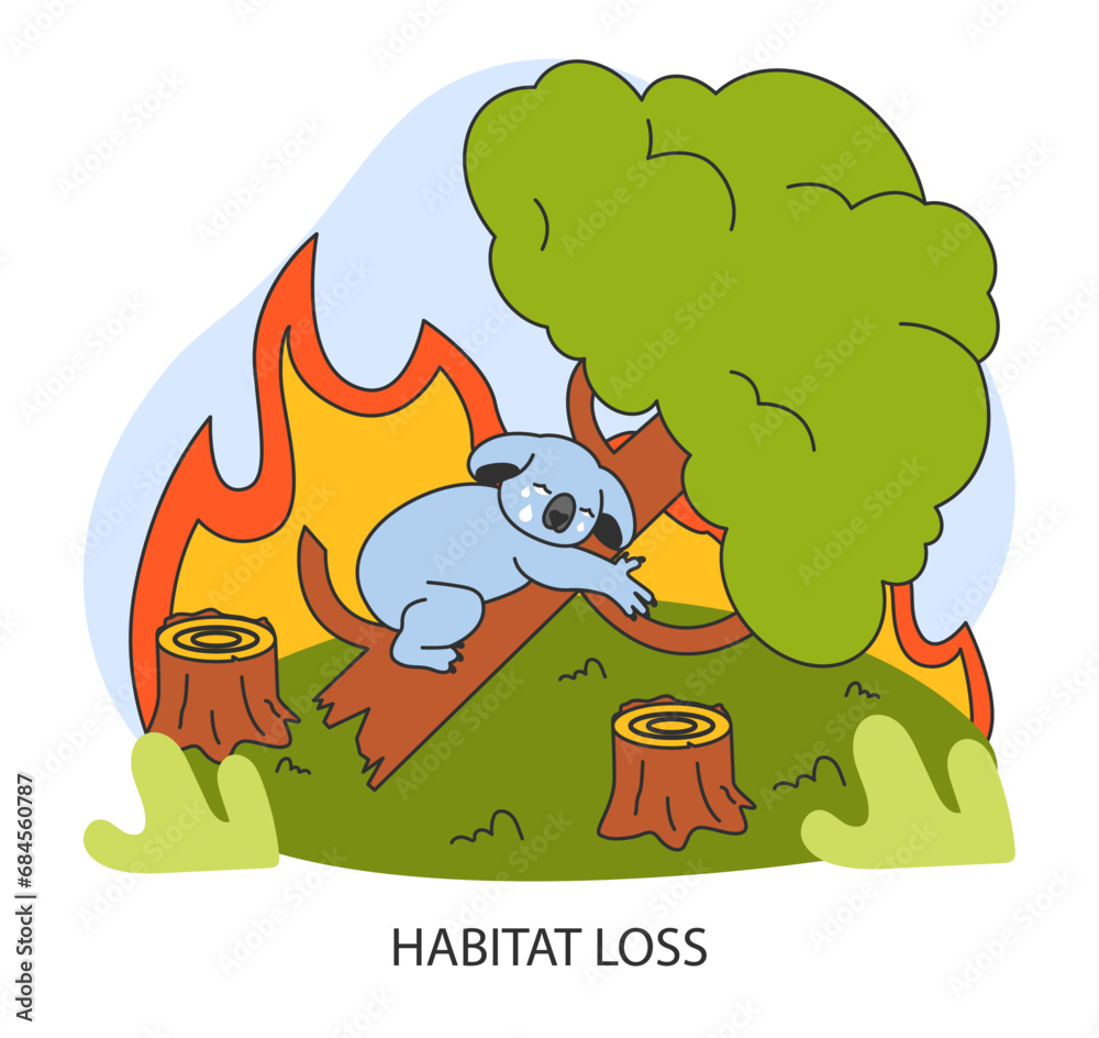 Habitat loss. Distressed koala amidst flames. Deforestation and