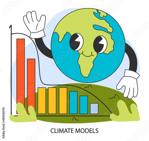 Climate models. Global warming solutions. Weather patterns research and prediction. GCM, major climate system components atmosphere, land, ocean. Flat vector illustration.