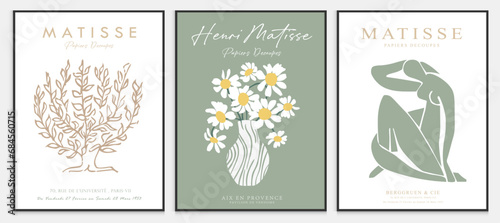 Contains Abstract Art Set in Matisse style, Decorative Modern Art, Vector illustration poster. Collection for trendy floral decoration.
