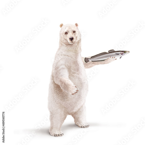 illustration d'un ours polaire qui tiens un  poisson          lingue dans sa main avec un e écharpe  photo